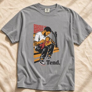 Tend Father and Baby Brownstone Stoop T-Shirt Bold Comic Illustration Fatherhood Graphic Tee Black Dad Gift 画像 14