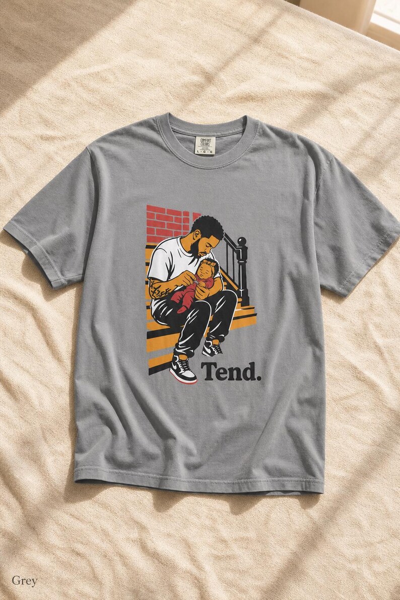 Tend Father and Baby Brownstone Stoop T-Shirt Bold Comic Illustration Fatherhood Graphic Tee Black Dad Gift 画像 14
