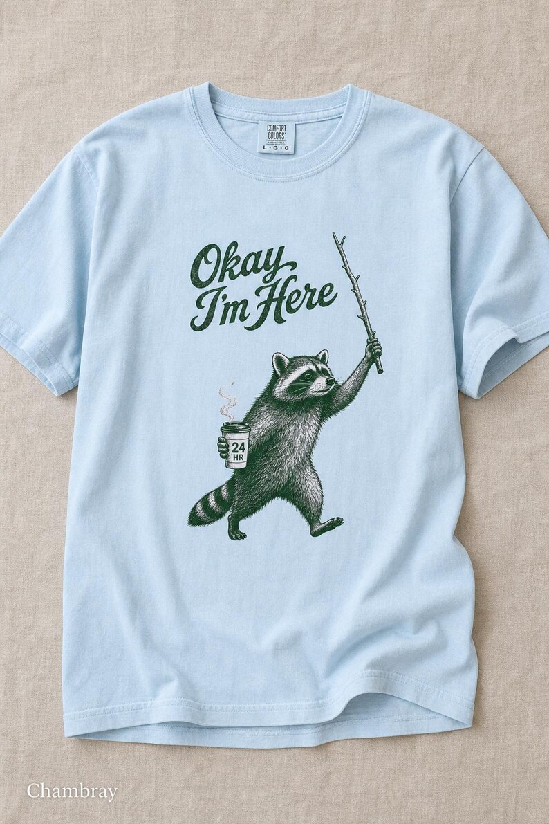 Okay I'm Here Raccoon T-Shirt, Stipple Raccoon with Coffee and Stick Graphic Tee, 24 Hour Gas Station Goblincore Shirt image 9