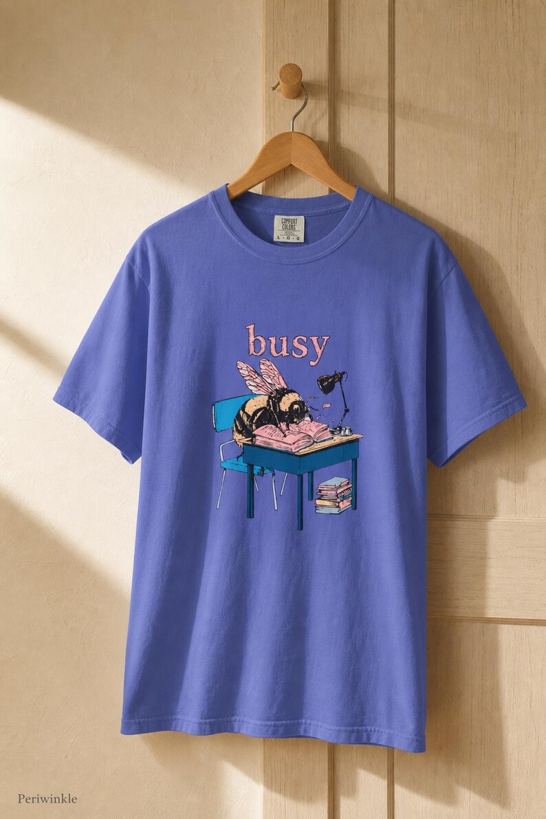 Busy Bee at Desk T-Shirt, Bumblebee Studying Illustration Tee, Bookish Cottagecore Graphic Shirt, Hard Worker Gift image 16