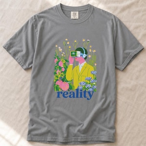 Reality VR Headset Garden T-Shirt Person in Yellow Jacket Among Daisies Hydrangeas and Peaches Botanical Graphic Tee image 13