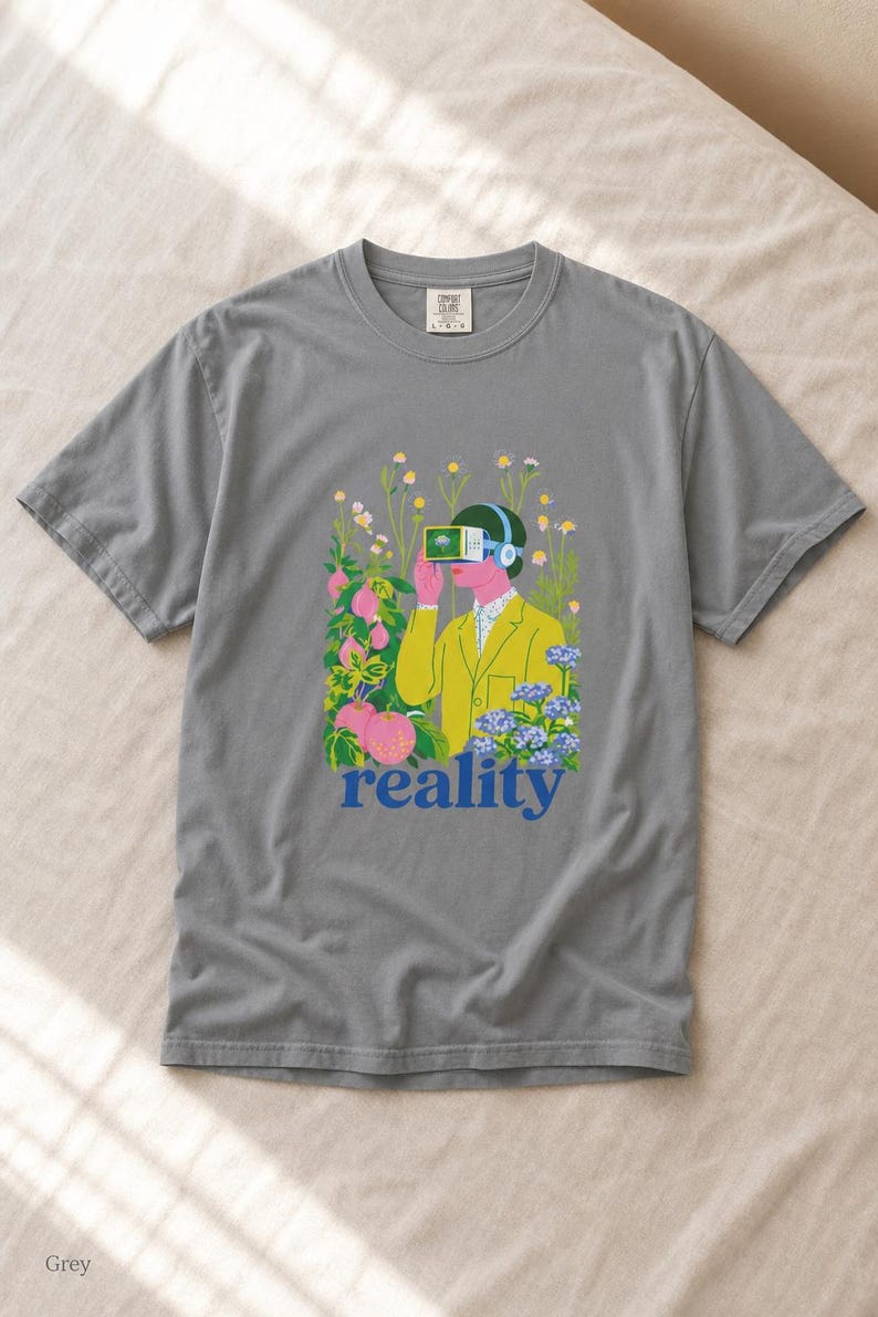 Reality VR Headset Garden T-Shirt Person in Yellow Jacket Among Daisies Hydrangeas and Peaches Botanical Graphic Tee image 13