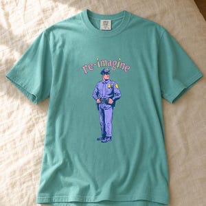 Re-imagine Police Officer T-Shirt Comic Style Cop Illustration Tee Community Reform Graphic Shirt Gift image 10