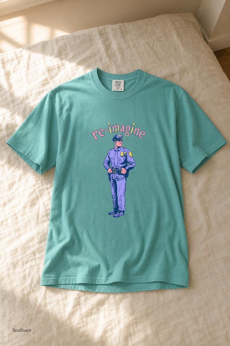 Re-imagine Police Officer T-Shirt Comic Style Cop Illustration Tee Community Reform Graphic Shirt Gift image 10