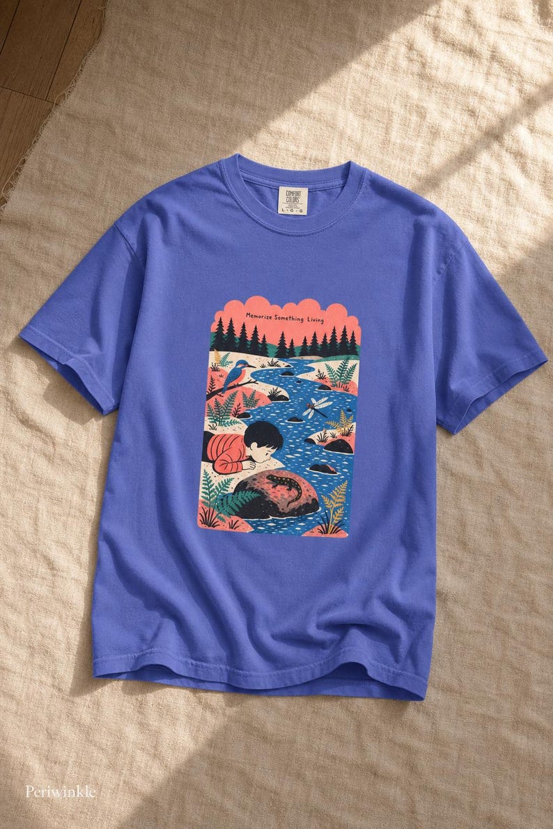 Memorize Something Living T-Shirt, Folk Illustration Tee with Child and Salamander at the Creek, Nature Lover Gift Bild 16