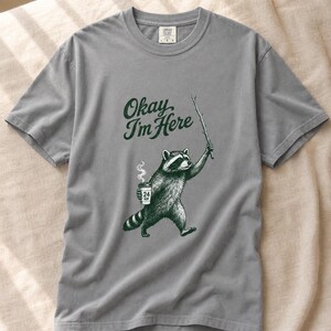 Okay I'm Here Raccoon T-Shirt, Stipple Raccoon with Coffee and Stick Graphic Tee, 24 Hour Gas Station Goblincore Shirt image 13