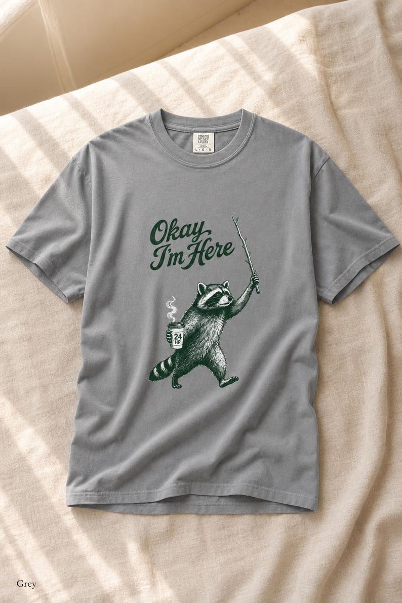 Okay I'm Here Raccoon T-Shirt, Stipple Raccoon with Coffee and Stick Graphic Tee, 24 Hour Gas Station Goblincore Shirt image 13