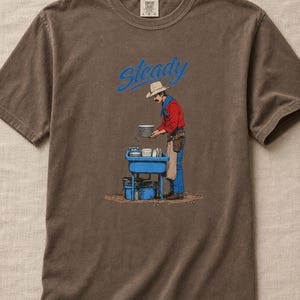 Steady Cowboy Washing Dishes T-Shirt, Mustached Ranch Hand at Blue Sink Graphic Tee, Quiet Work Western Shirt image 17