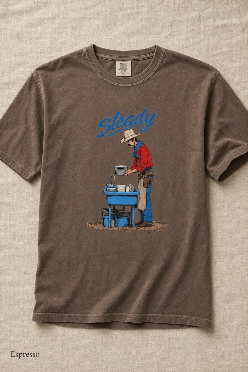 Steady Cowboy Washing Dishes T-Shirt, Mustached Ranch Hand at Blue Sink Graphic Tee, Quiet Work Western Shirt image 17