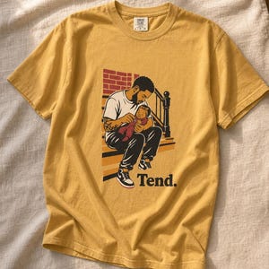 Tend Father and Baby Brownstone Stoop T-Shirt Bold Comic Illustration Fatherhood Graphic Tee Black Dad Gift 画像 12
