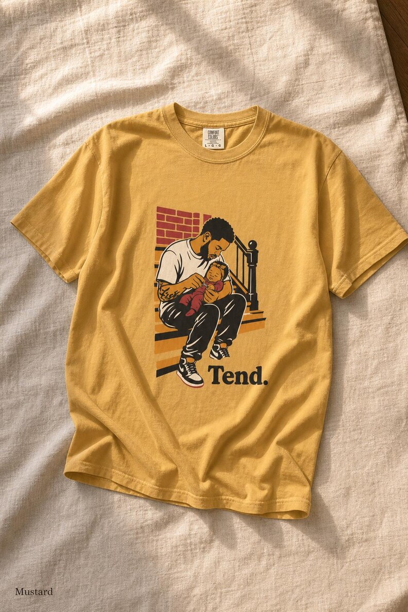 Tend Father and Baby Brownstone Stoop T-Shirt Bold Comic Illustration Fatherhood Graphic Tee Black Dad Gift 画像 12