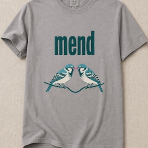 Mend Two Birds T-Shirt Sparrows on a Wire Screenprint Style Tee Quiet Repair Mutual Aid Cottagecore Bird Lover Graphic Tee Bild 13