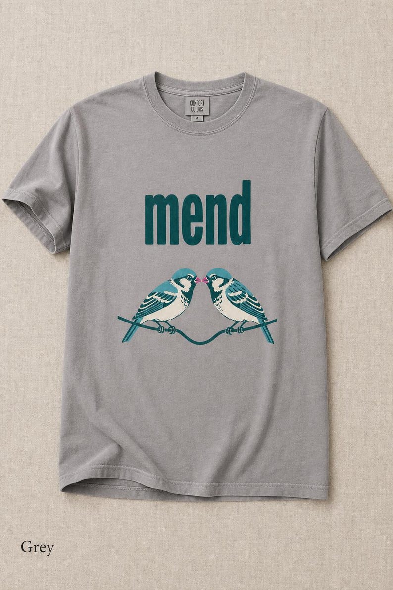 Mend Two Birds T-Shirt Sparrows on a Wire Screenprint Style Tee Quiet Repair Mutual Aid Cottagecore Bird Lover Graphic Tee Bild 13