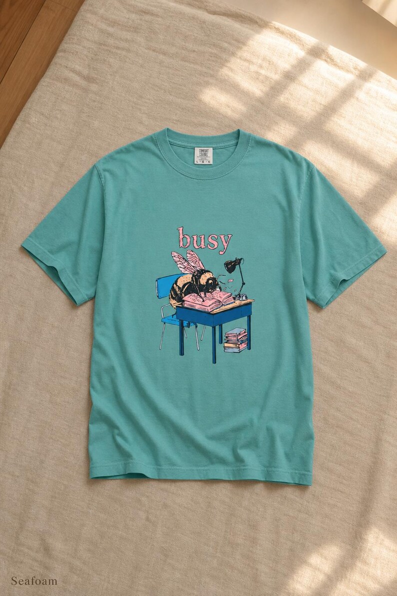 Busy Bee at Desk T-Shirt, Bumblebee Studying Illustration Tee, Bookish Cottagecore Graphic Shirt, Hard Worker Gift image 9