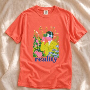 Reality VR Headset Garden T-Shirt Person in Yellow Jacket Among Daisies Hydrangeas and Peaches Botanical Graphic Tee image 11