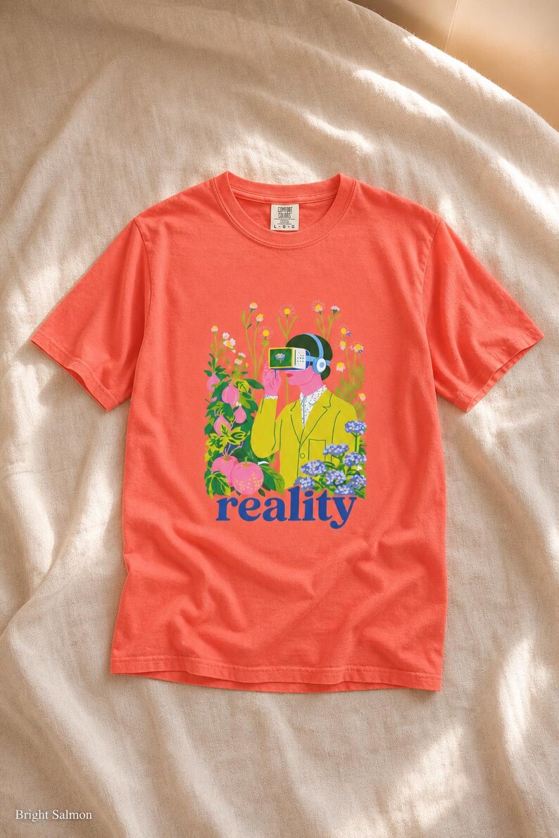 Reality VR Headset Garden T-Shirt Person in Yellow Jacket Among Daisies Hydrangeas and Peaches Botanical Graphic Tee image 11