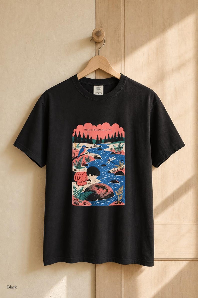 Memorize Something Living T-Shirt, Folk Illustration Tee with Child and Salamander at the Creek, Nature Lover Gift Bild 6