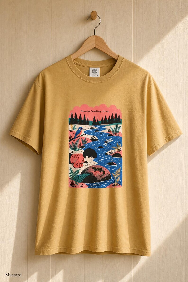 Memorize Something Living T-Shirt, Folk Illustration Tee with Child and Salamander at the Creek, Nature Lover Gift Bild 12