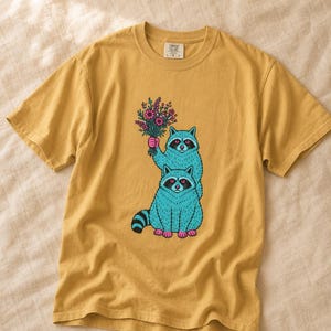 Two Raccoons Holding Wildflowers T-Shirt, Teal and Pink Riso Style Raccoon Tee, Cottagecore Animal Graphic Shirt, Soft Protest Gift image 11
