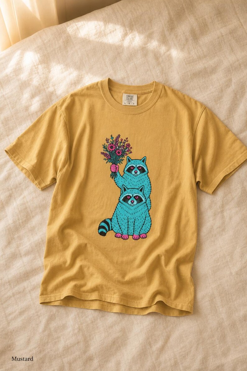 Two Raccoons Holding Wildflowers T-Shirt, Teal and Pink Riso Style Raccoon Tee, Cottagecore Animal Graphic Shirt, Soft Protest Gift image 11