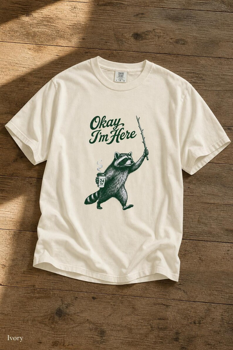 Okay I'm Here Raccoon T-Shirt, Stipple Raccoon with Coffee and Stick Graphic Tee, 24 Hour Gas Station Goblincore Shirt image 7