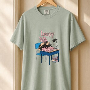 Busy Bee at Desk T-Shirt, Bumblebee Studying Illustration Tee, Bookish Cottagecore Graphic Shirt, Hard Worker Gift image 5