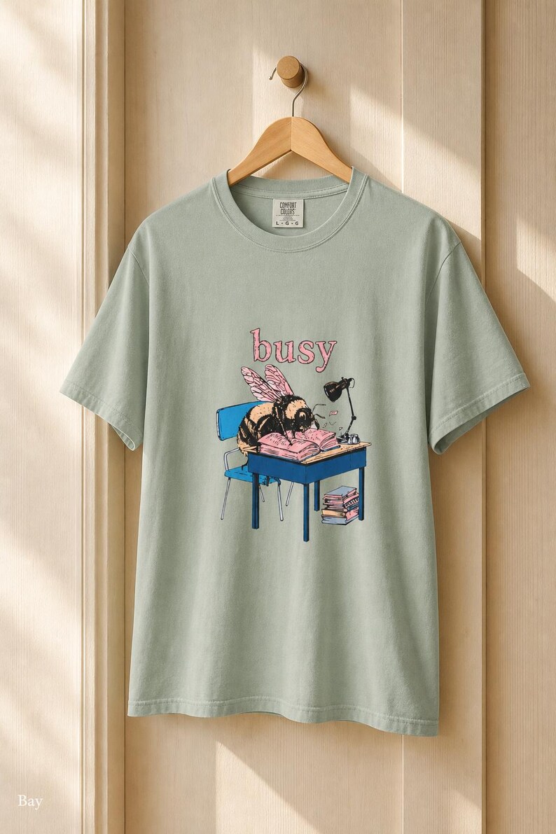 Busy Bee at Desk T-Shirt, Bumblebee Studying Illustration Tee, Bookish Cottagecore Graphic Shirt, Hard Worker Gift image 5