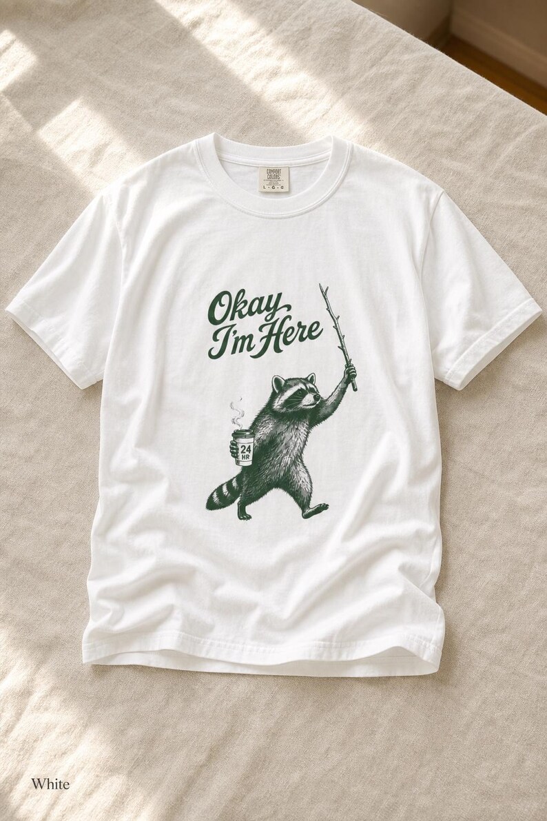 Okay I'm Here Raccoon T-Shirt, Stipple Raccoon with Coffee and Stick Graphic Tee, 24 Hour Gas Station Goblincore Shirt image 4