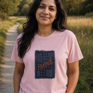 Mend Sashiko Boro Patch T-Shirt Visible Mending Embroidered Denim Look Slow Stitch Repair Graphic Tee Mutual Aid Gift image 3