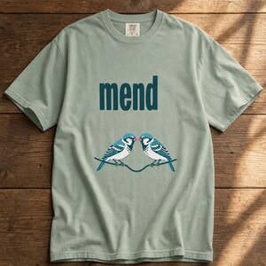 Mend Two Birds T-Shirt Sparrows on a Wire Screenprint Style Tee Quiet Repair Mutual Aid Cottagecore Bird Lover Graphic Tee Bild 5