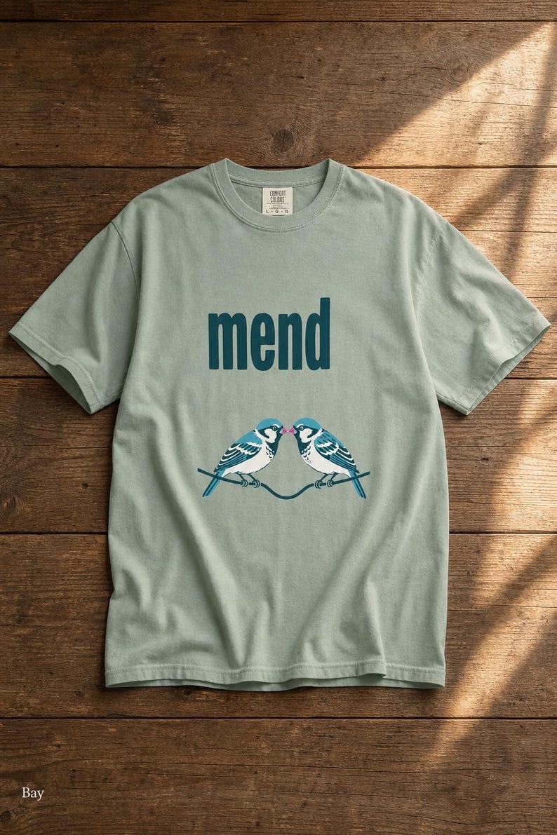 Mend Two Birds T-Shirt Sparrows on a Wire Screenprint Style Tee Quiet Repair Mutual Aid Cottagecore Bird Lover Graphic Tee Bild 5