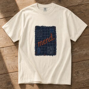 Mend Sashiko Boro Patch T-Shirt Visible Mending Embroidered Denim Look Slow Stitch Repair Graphic Tee Mutual Aid Gift image 7