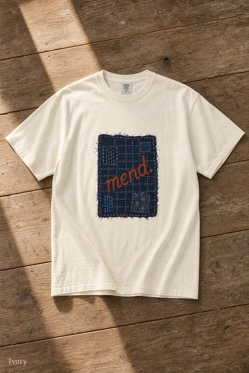 Mend Sashiko Boro Patch T-Shirt Visible Mending Embroidered Denim Look Slow Stitch Repair Graphic Tee Mutual Aid Gift image 7