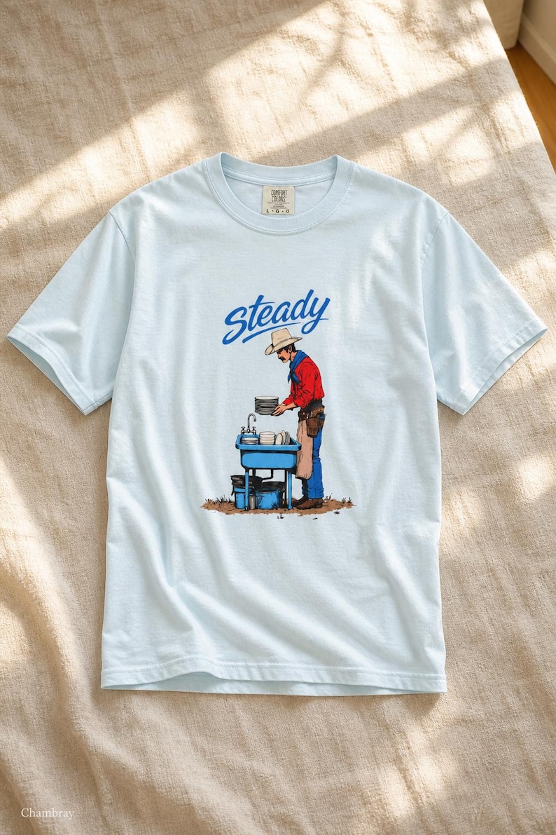 Steady Cowboy Washing Dishes T-Shirt, Mustached Ranch Hand at Blue Sink Graphic Tee, Quiet Work Western Shirt image 9