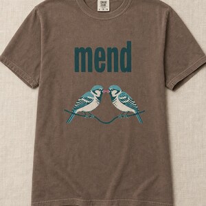 Mend Two Birds T-Shirt Sparrows on a Wire Screenprint Style Tee Quiet Repair Mutual Aid Cottagecore Bird Lover Graphic Tee Bild 17