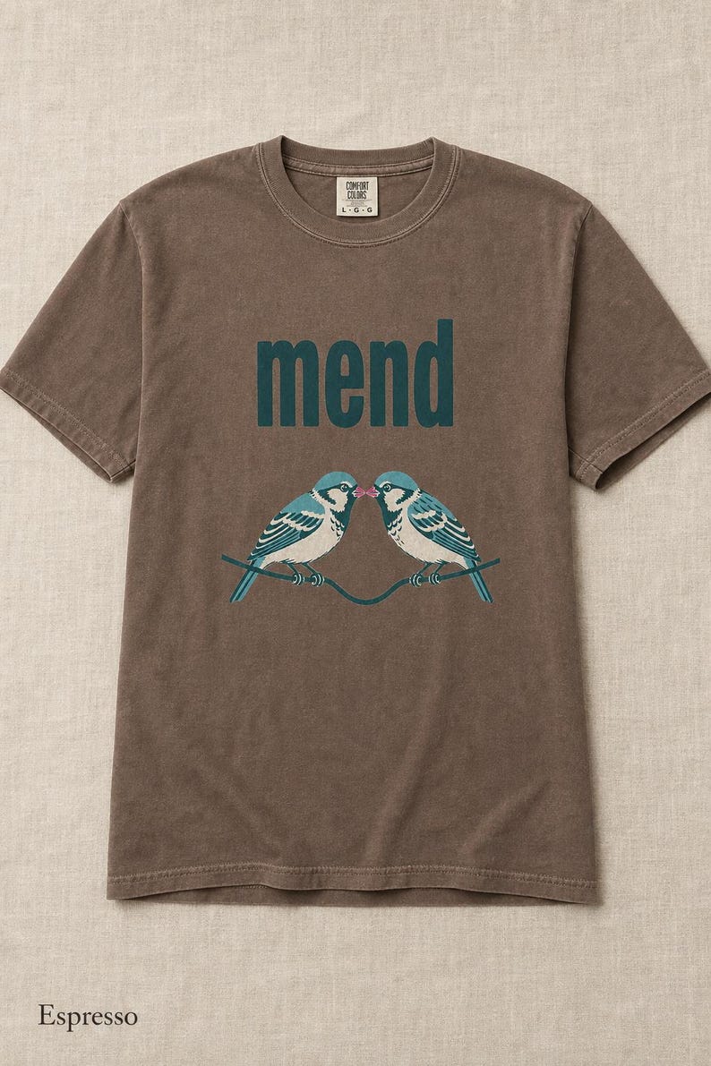 Mend Two Birds T-Shirt Sparrows on a Wire Screenprint Style Tee Quiet Repair Mutual Aid Cottagecore Bird Lover Graphic Tee Bild 17