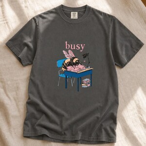 Busy Bee at Desk T-Shirt, Bumblebee Studying Illustration Tee, Bookish Cottagecore Graphic Shirt, Hard Worker Gift image 12