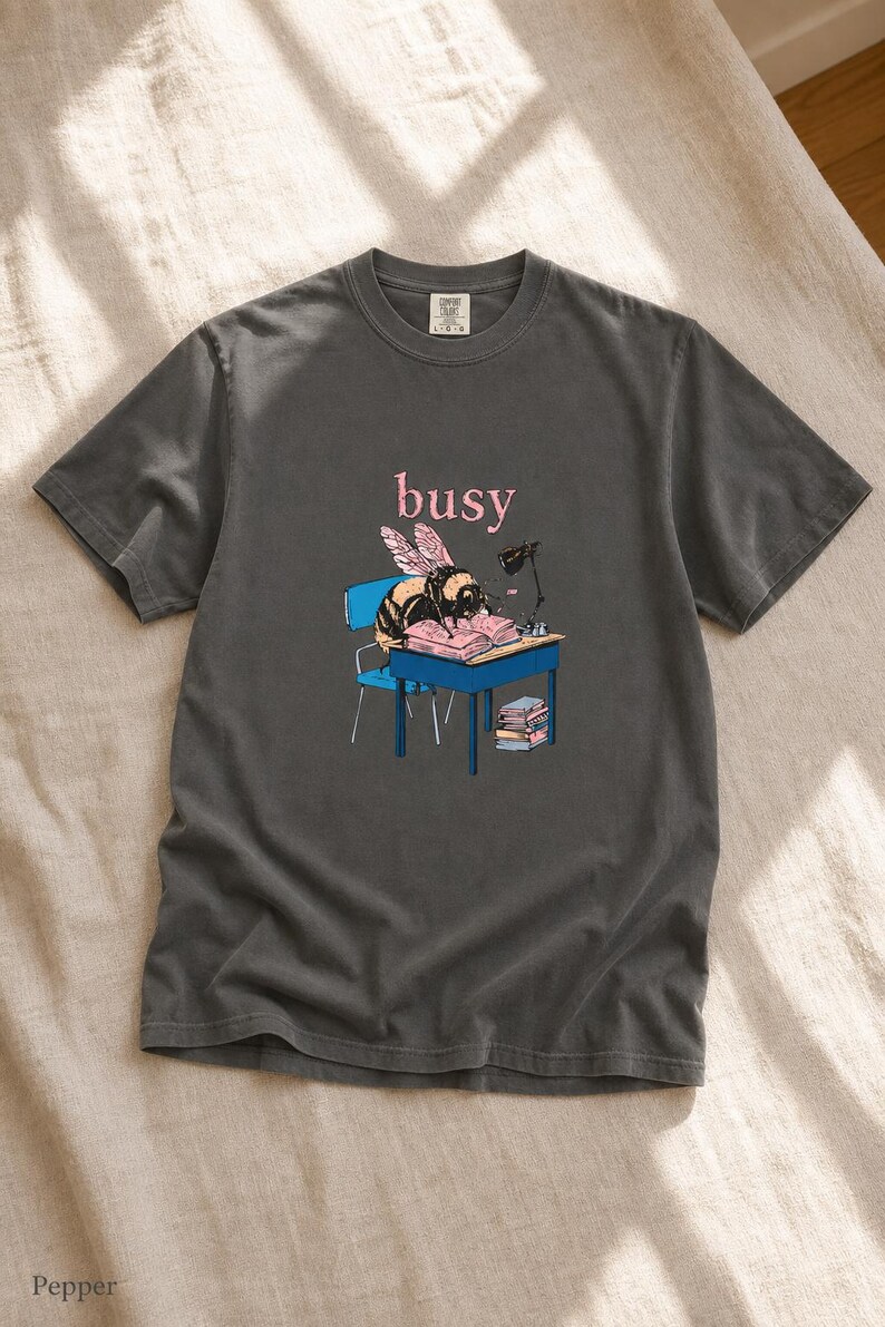Busy Bee at Desk T-Shirt, Bumblebee Studying Illustration Tee, Bookish Cottagecore Graphic Shirt, Hard Worker Gift image 12