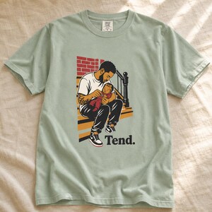 Tend Father and Baby Brownstone Stoop T-Shirt Bold Comic Illustration Fatherhood Graphic Tee Black Dad Gift 画像 5