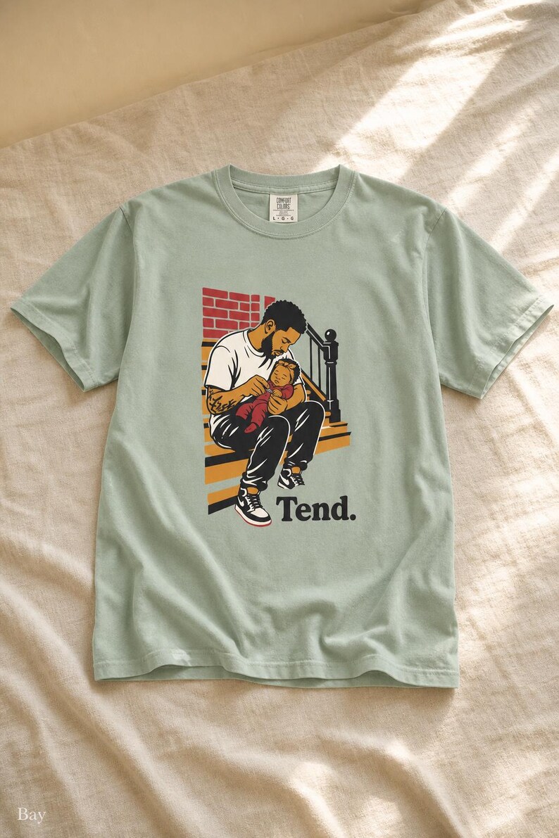 Tend Father and Baby Brownstone Stoop T-Shirt Bold Comic Illustration Fatherhood Graphic Tee Black Dad Gift 画像 5