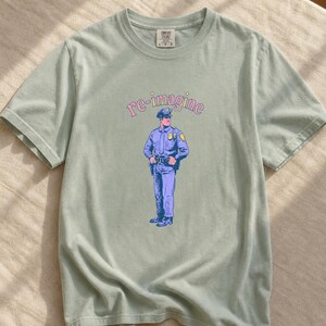Re-imagine Police Officer T-Shirt Comic Style Cop Illustration Tee Community Reform Graphic Shirt Gift image 5
