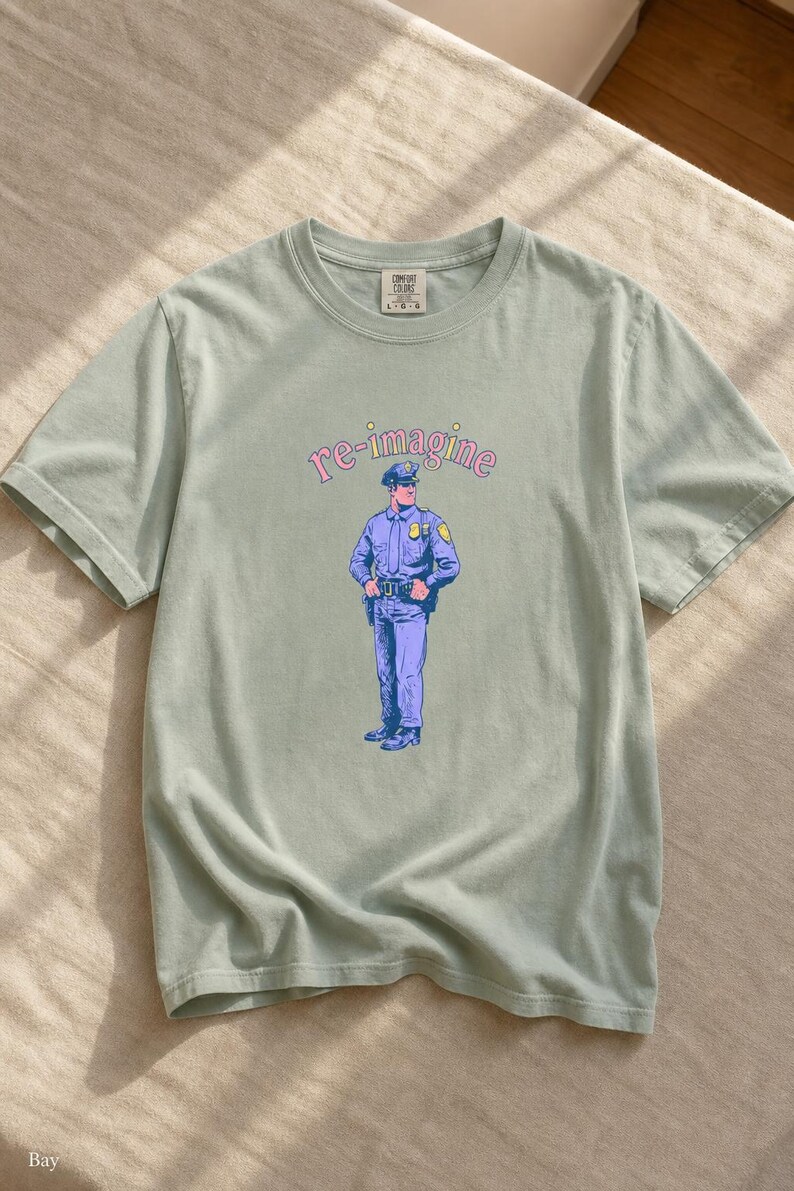 Re-imagine Police Officer T-Shirt Comic Style Cop Illustration Tee Community Reform Graphic Shirt Gift image 5