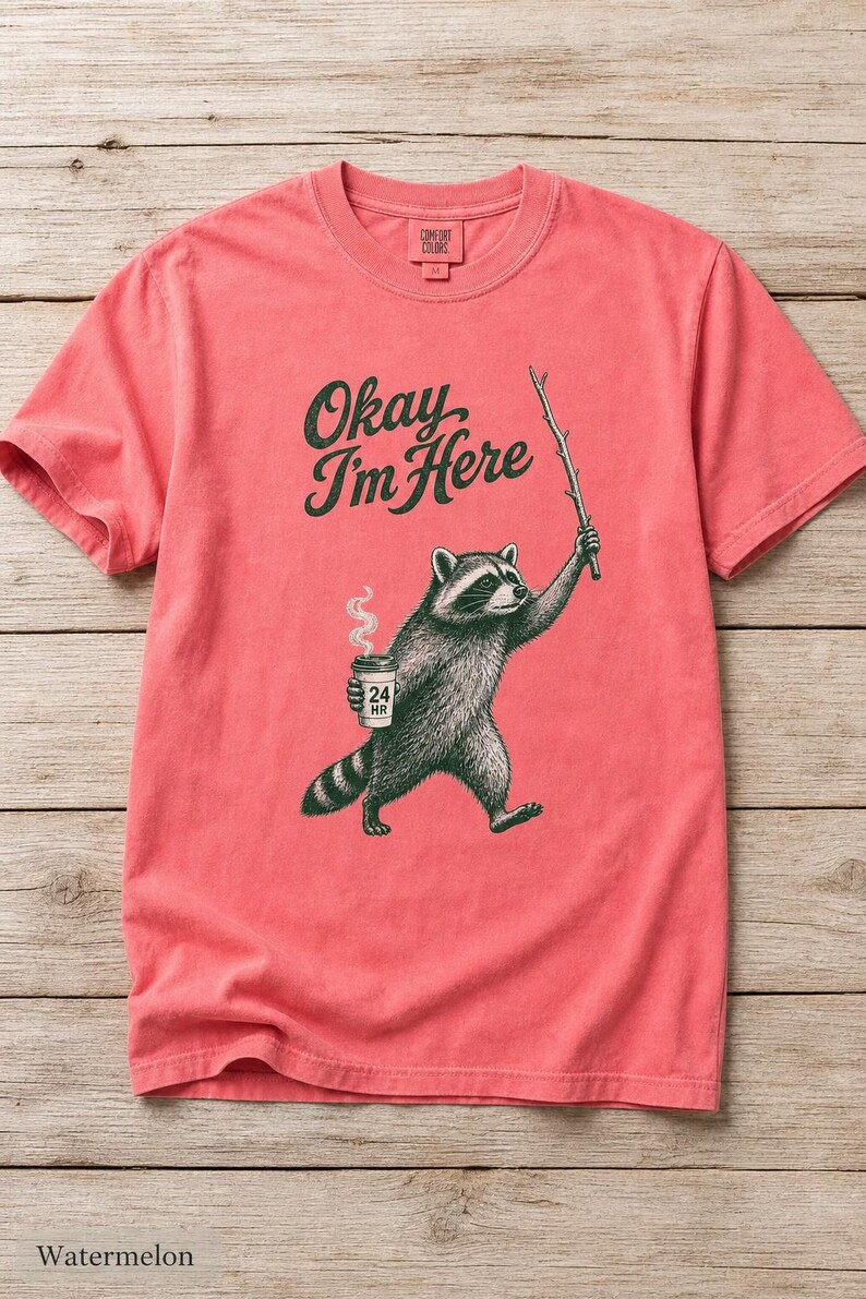 Okay I'm Here Raccoon T-Shirt, Stipple Raccoon with Coffee and Stick Graphic Tee, 24 Hour Gas Station Goblincore Shirt image 15