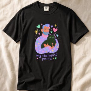 My Therapist Purrs T-Shirt, Bearded Man Holding Black Cat Tee, Cat Lover Gouache Illustration, Mental Health Cat Mom Dad Shirt imagem 6