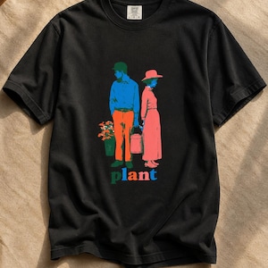 Plant Couple T-Shirt, Retro Screenprint Style Tee with Gardeners Holding Flowers and Watering Can, Cottage Garden Graphic Tee image 6