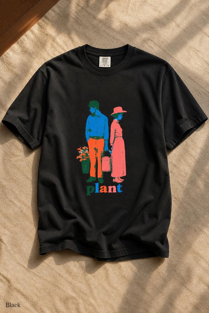 Plant Couple T-Shirt, Retro Screenprint Style Tee with Gardeners Holding Flowers and Watering Can, Cottage Garden Graphic Tee image 6