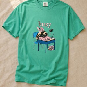 Busy Bee at Desk T-Shirt, Bumblebee Studying Illustration Tee, Bookish Cottagecore Graphic Shirt, Hard Worker Gift image 14