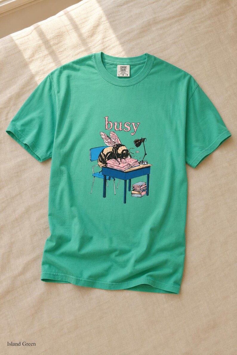 Busy Bee at Desk T-Shirt, Bumblebee Studying Illustration Tee, Bookish Cottagecore Graphic Shirt, Hard Worker Gift image 14