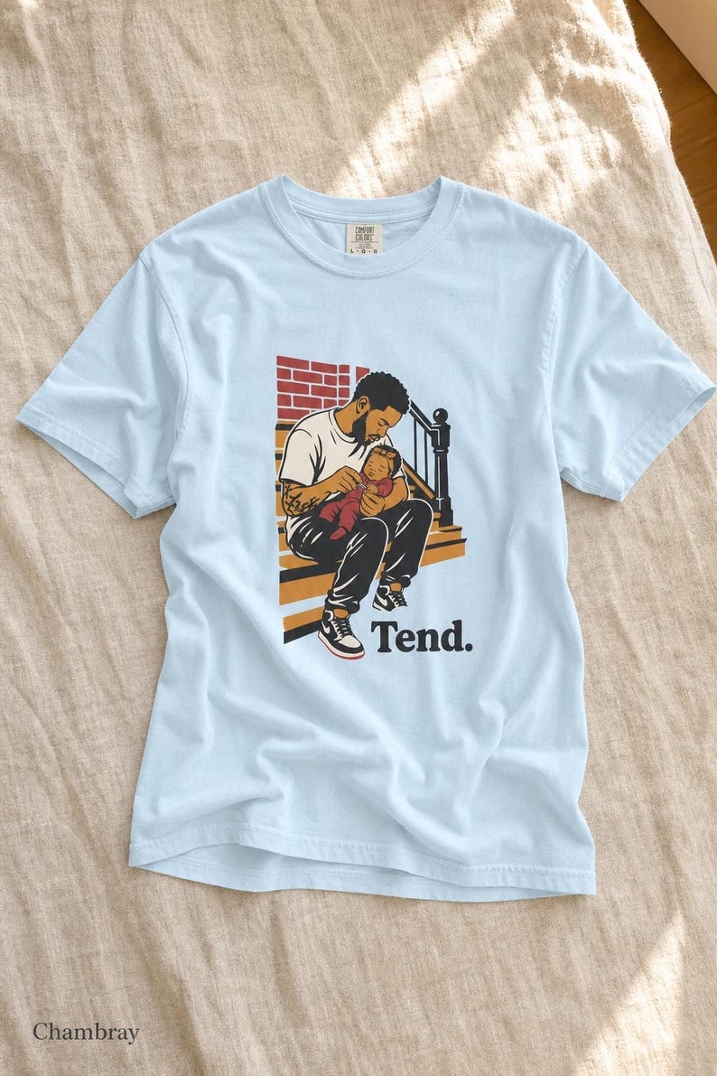 Tend Father and Baby Brownstone Stoop T-Shirt Bold Comic Illustration Fatherhood Graphic Tee Black Dad Gift 画像 9