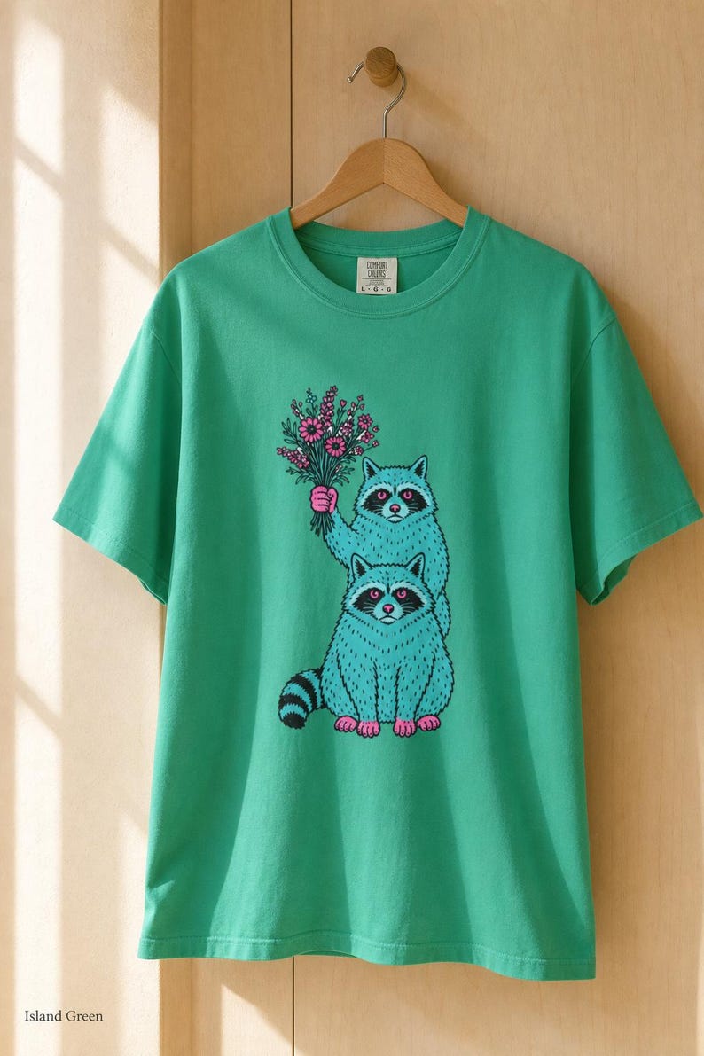 Two Raccoons Holding Wildflowers T-Shirt, Teal and Pink Riso Style Raccoon Tee, Cottagecore Animal Graphic Shirt, Soft Protest Gift image 14